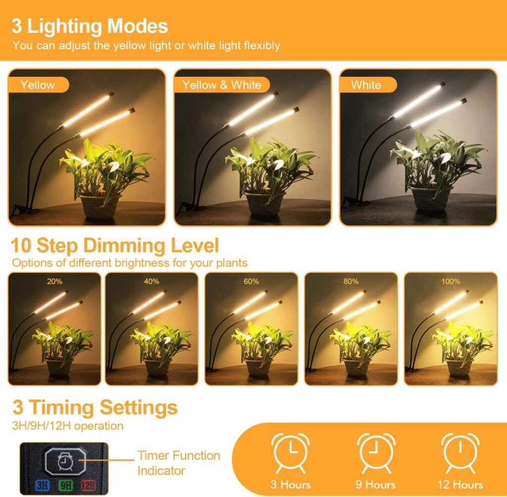 bseah Grow Light Plant Lights for Indoor Plants, Full Spectrum Plant Grow Lights, 10 Dimmable Levels Auto ON  Off with 3/9/12H Timer