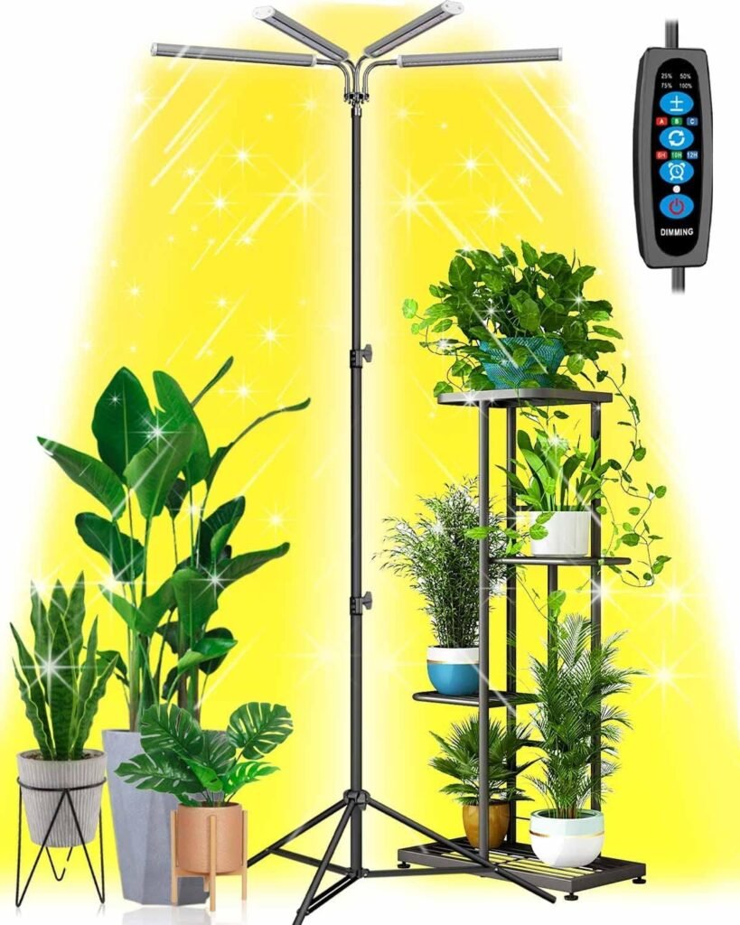 DOMMIA Grow Light with Stand,100W(1000W Equiv) Grow Lights for Indoor Plants Full Spectrum,3 Modes Floor Grow Lamp 15-105 Inch Adjustable Tripod Stand,6/10/12 Timer Auto ON/Off Dimmable Plant Lamp