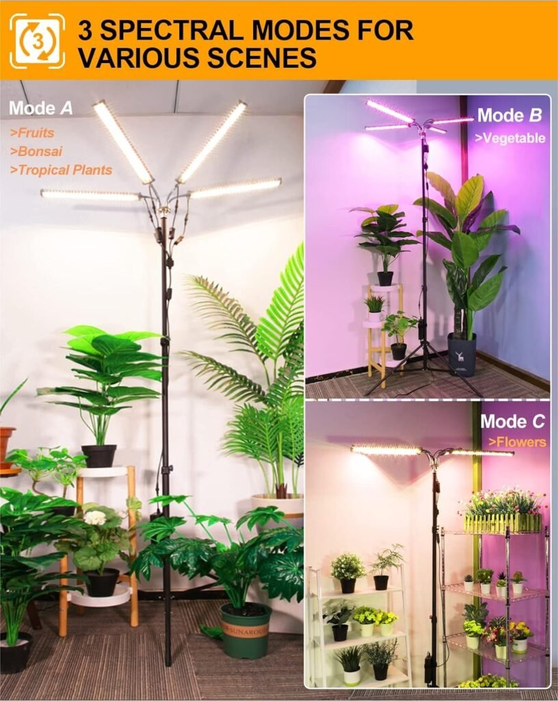 DOMMIA Grow Lights For Indoor Plants, 400W Equiv Full Spectrum LED Plant Light, 66 inches Adjustable Tripod Floor Standing Refugium Light For Aquarium Succulent Bonsai Seedlings 6/10/12 Timer Dimmable