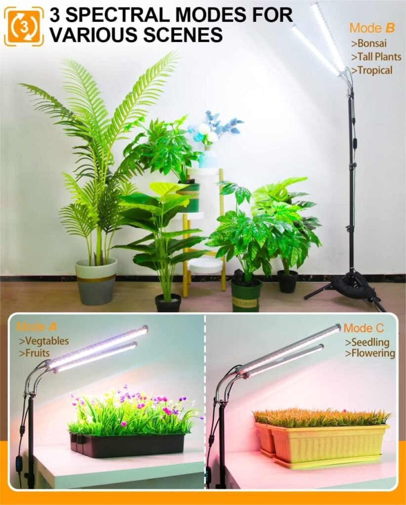 DOMMIA LED Grow Lights, 3 Modes Grow Lights for Indoor Plants Full Spectrum with 60 Adjustable Tripod Stand,180 LED Plant Grow Light with Stand 6/10/12 Timer Dimmable Grow Light Strip for Tall Plants