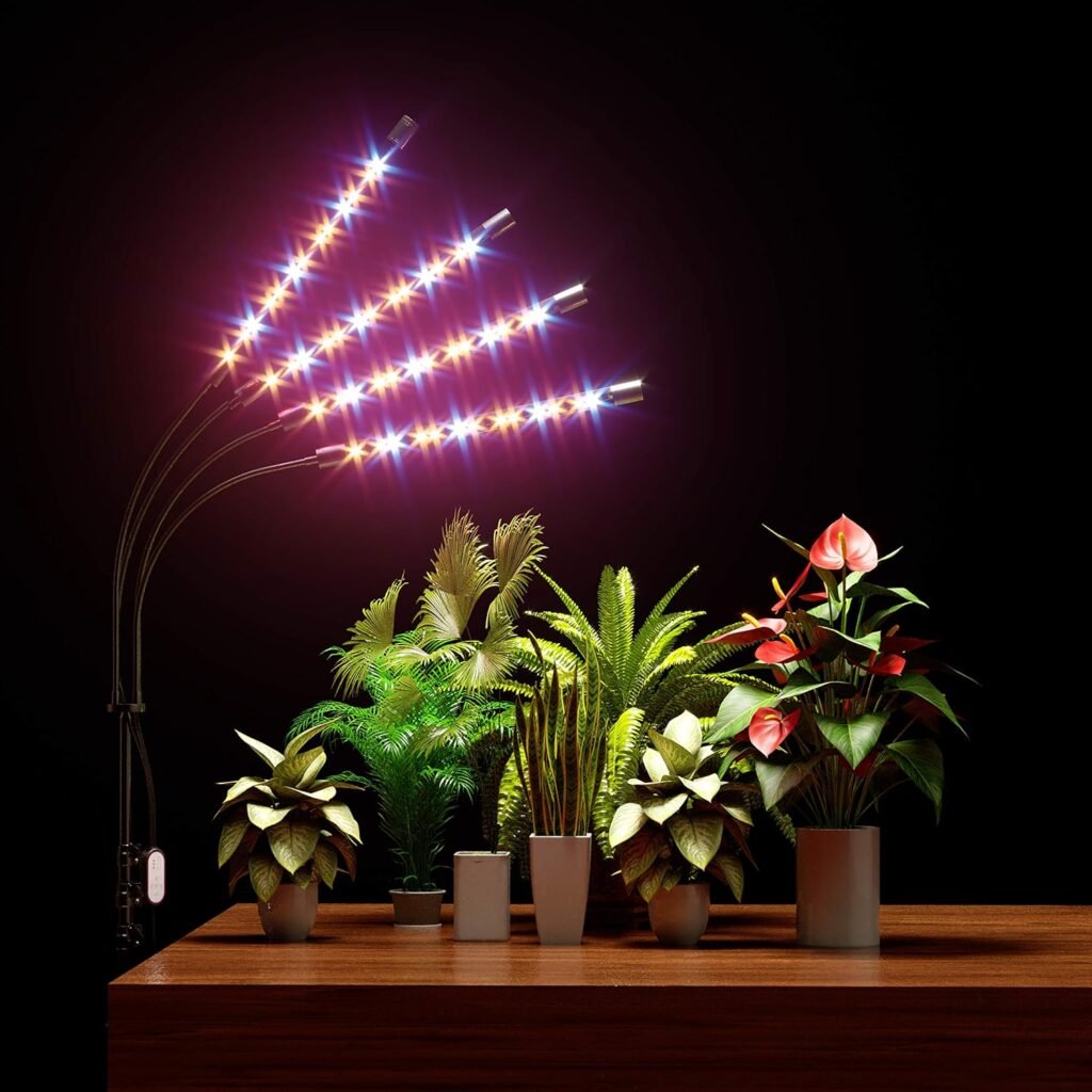 FRENAN Grow Light with Stand, for Indoor Plants with Red Blue Spectrum, 10 Dimmable Brightness, 4/8/12H Timer, 3 Switch Modes, Adjustable Gooseneck, Suitable for Various Plants Growth