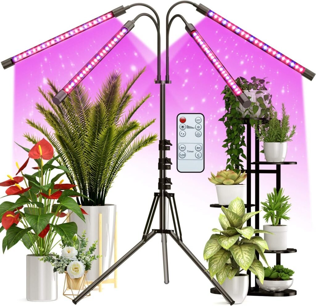 FRENAN Grow Light with Stand, for Indoor Plants with Red Blue Spectrum, 10 Dimmable Brightness, 4/8/12H Timer, 3 Switch Modes, Adjustable Gooseneck, Suitable for Various Plants Growth