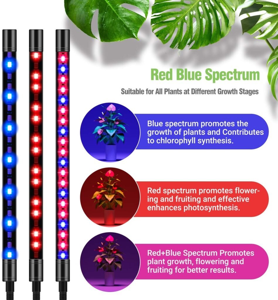 FRENAN Grow Light with Stand, for Indoor Plants with Red Blue Spectrum, 10 Dimmable Brightness, 4/8/12H Timer, 3 Switch Modes, Adjustable Gooseneck, Suitable for Various Plants Growth