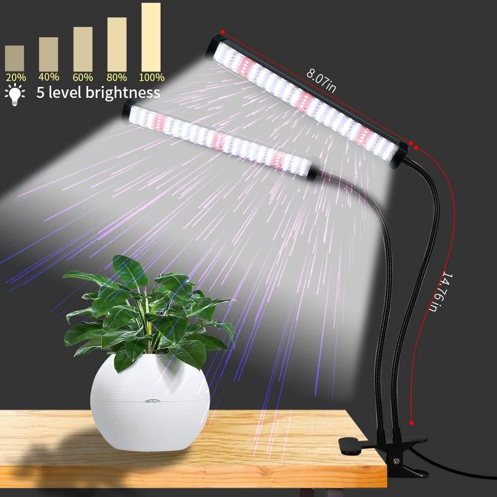 GooingTop LED Grow Light,6000K Full Spectrum Clip Plant Growing Lamp with White Red LEDs for Indoor Plants,5-Level Dimmable,Auto On Off Timing 4 8 12Hrs