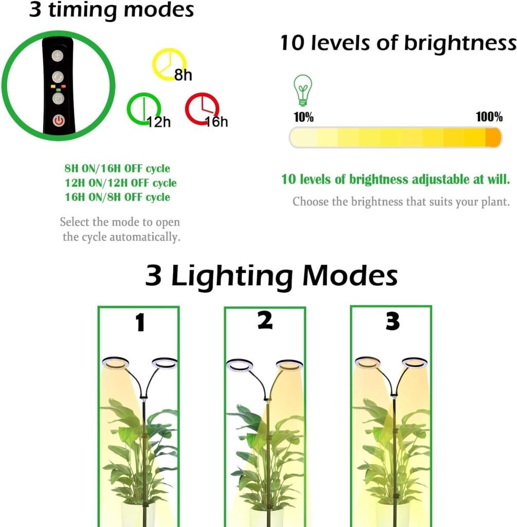 Grow Light with Stand, Yadoker Dual-Head LED Plant Light for Indoor Plants, Full Spectrum Grow Lamp, 8/12/16H Timer, 10 Dimmable Levels, 7 Switch Modes, Adjustable Tripod Stand 15-66 inches