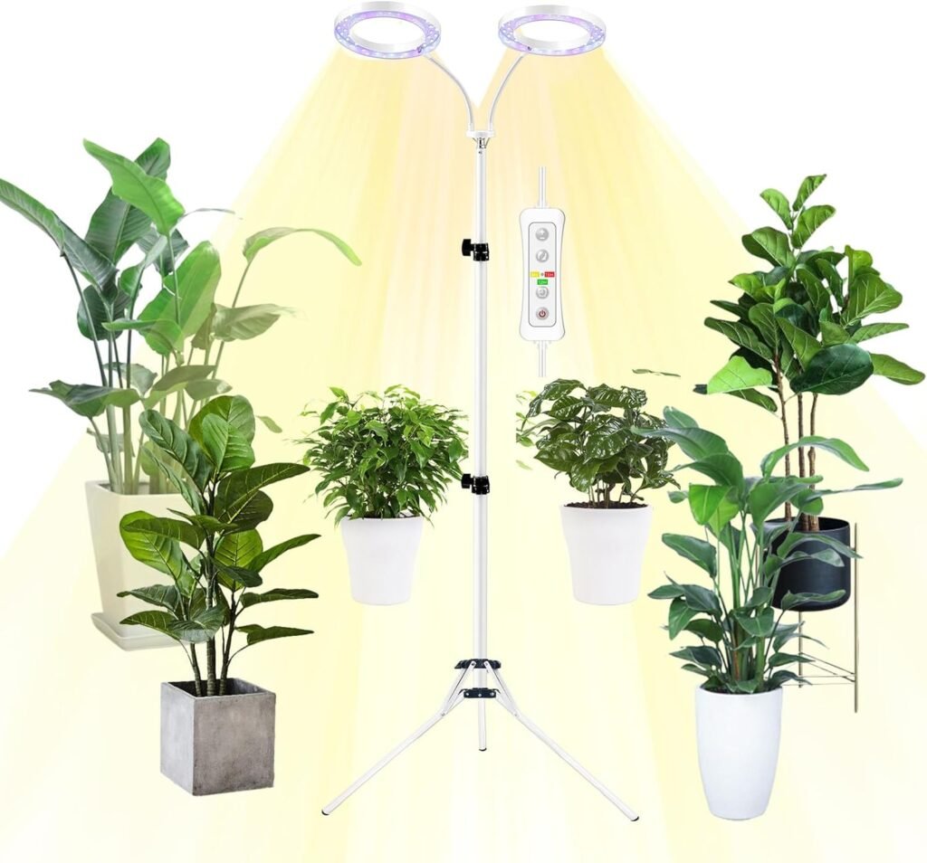 Grow Light with Stand, Yadoker Dual-Head LED Plant Light for Indoor Plants, Full Spectrum Grow Lamp, 8/12/16H Timer, 10 Dimmable Levels, 7 Switch Modes, Adjustable Tripod Stand 15-66 inches