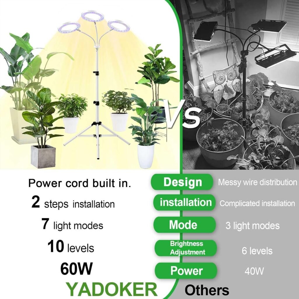 Grow Light with Stand, Yadoker Dual-Head LED Plant Light for Indoor Plants, Full Spectrum Grow Lamp, 8/12/16H Timer, 10 Dimmable Levels, 7 Switch Modes, Adjustable Tripod Stand 15-66 inches