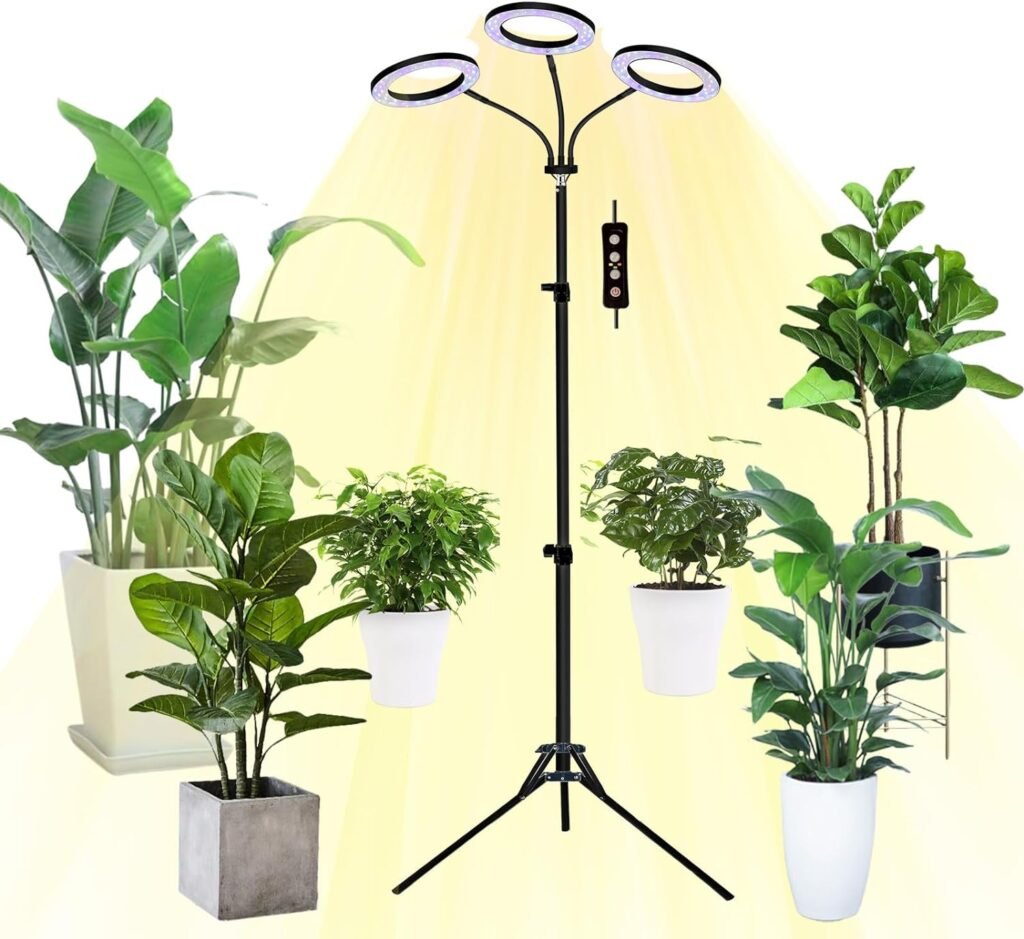 Grow Light with Stand, Yadoker Tri-Head LED Plant Light for Indoor Plants, Full Spectrum Grow Lamp, 8/12/16H Timer, 10 Dimmable Levels, 7 Switch Modes, Adjustable Tripod Stand 15-66 inches