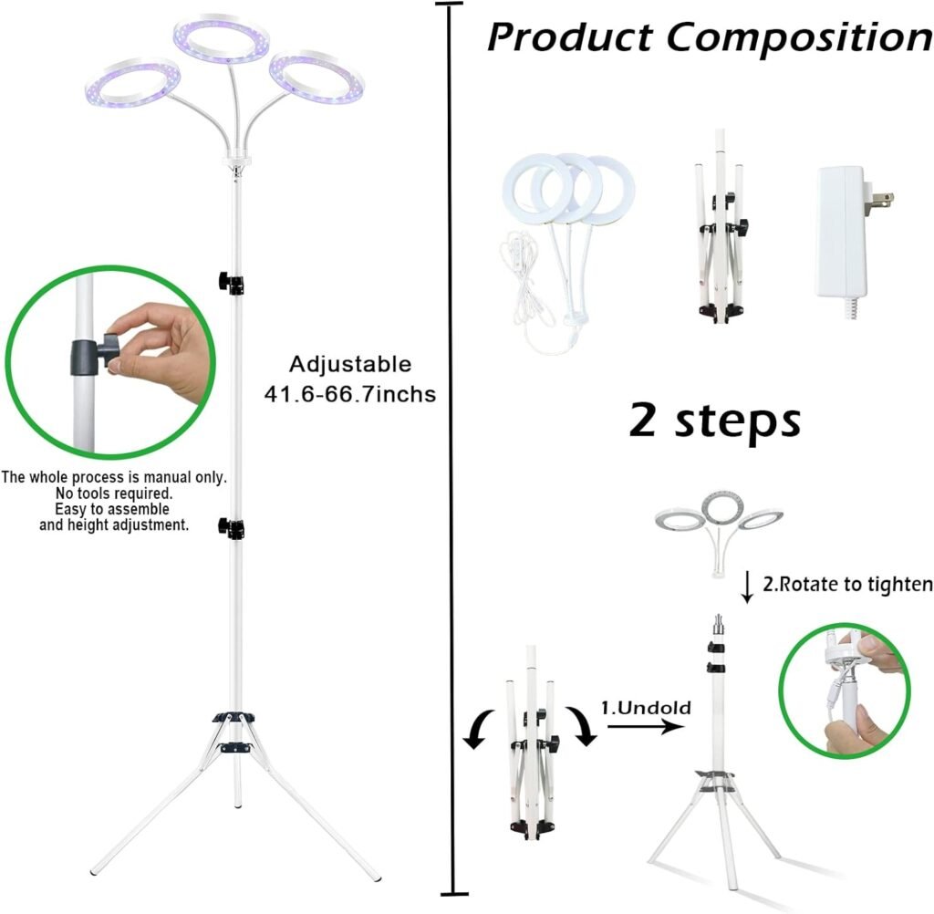 Grow Light with Stand, Yadoker Tri-Head LED Plant Light for Indoor Plants, Full Spectrum Grow Lamp, 8/12/16H Timer, 10 Dimmable Levels, 7 Switch Modes, Adjustable Tripod Stand 15-66 inches