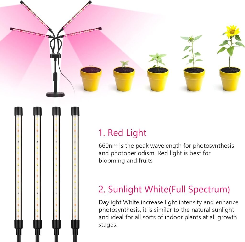 Grow Lights for Indoor Plants, Four Head LED Grow Light with Full Spectrum  Red White Spectrum for Indoor Plant Growing Lamp, Adjustable Gooseneck, Suitable for Plants Growth