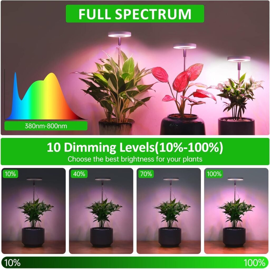 Grow Lights for Indoor Plants, Romsto LED Full Spectrum Plant Light for Indoor Plants, Height Adjustable Grow Light with 10 Dimmable Brightness, 8/12/16H On/Off Timer, Ideal for Small Plants