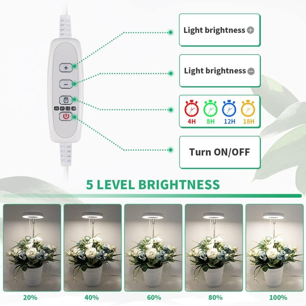 GYTF Halo Plant Grow Light, 6000K White LED Full Spectrum Growing Lamp for Indoor Plants, Succulents, Mini Bonsai, Small Plants, Height Adjustable, Dimmable  Timer 4/8/12/18Hrs