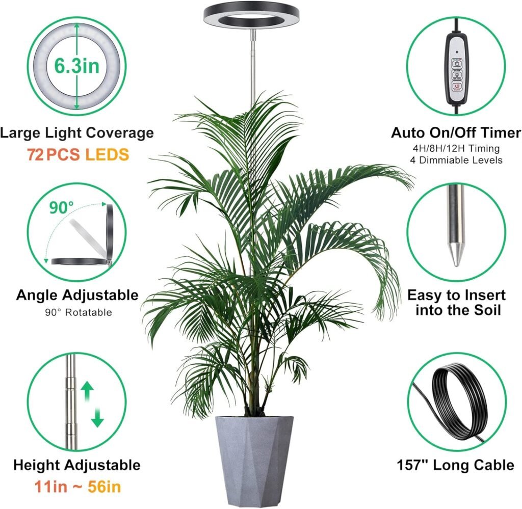 LORDEM Plant Grow Light, Full Spectrum Plant Light for Indoor Plants, Brightness Adjustable LED Growing Lamp with Auto On/Off Timer 4H/8H/12H, Height Adjustable, Ideal for Tall Plants