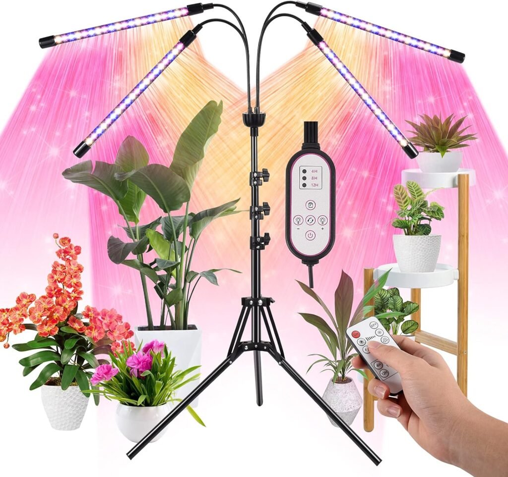 Lxyoug LED Grow Lights for Indoor Plants Full Spectrum with 15-60 inches Adjustable Tripod Stand, Red Blue White Floor Grow Lamp with 4/8/12H Timer with Remote Control