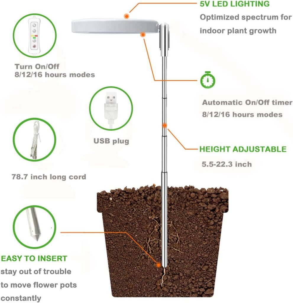 Plant Grow Light,yadoker LED Growing Light Full Spectrum for Indoor Plants,Height Adjustable, Automatic Timer, 5V Low Safe Voltage,Idea for Small Plant Light