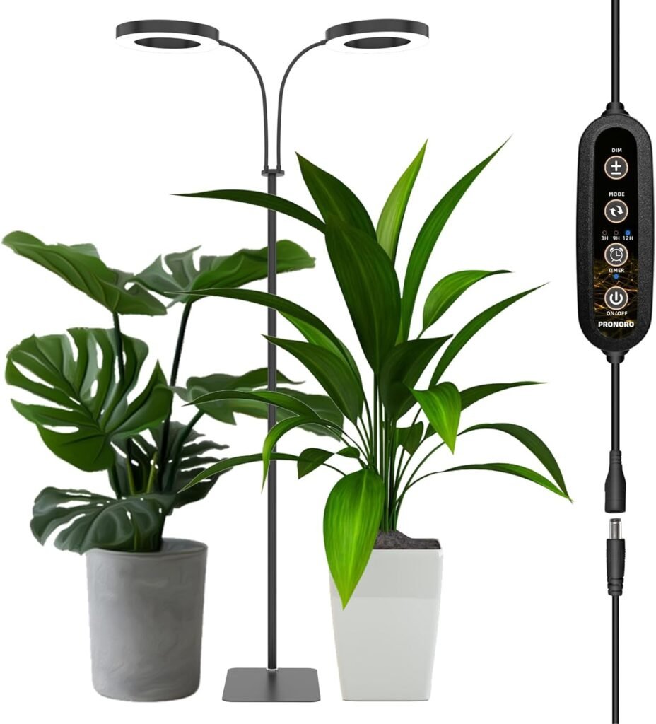 PRONORO Grow Light, 2-Head LED Floor Plant Growing Lamp, Full Spectrum Plant Light for Indoor Plants, ExtendedBuilt-in Power Cord, Automatic On/Off Timer, 6-Level Dimming, Adjustable Height of 63 in