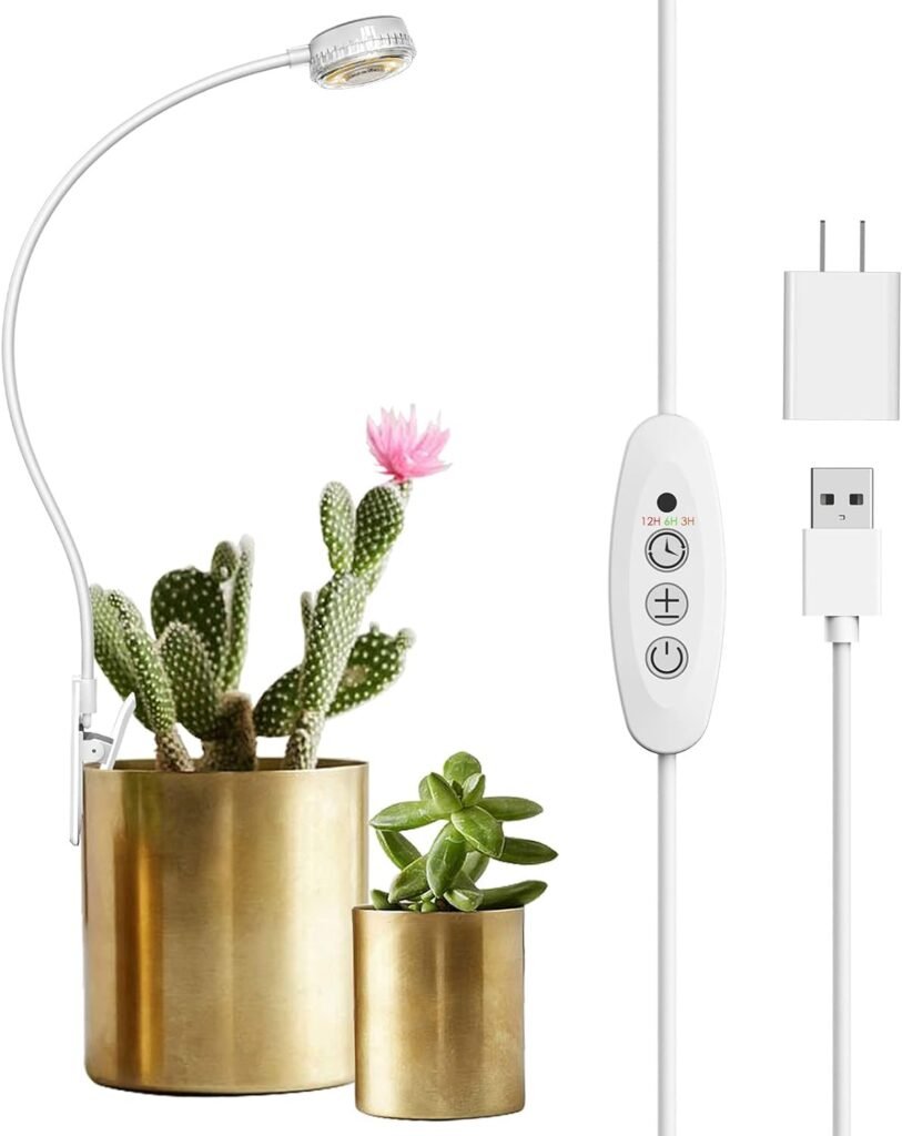 SANSI Grow Lights for Indoor Plants, Pot Clip LED Plant Light, Full Spectrum, Plant Growing Lamp with 4-Level Dimmable, Auto On Off 3 6 12 Hrs Timer for Succulents, Small Plant, White, 5V