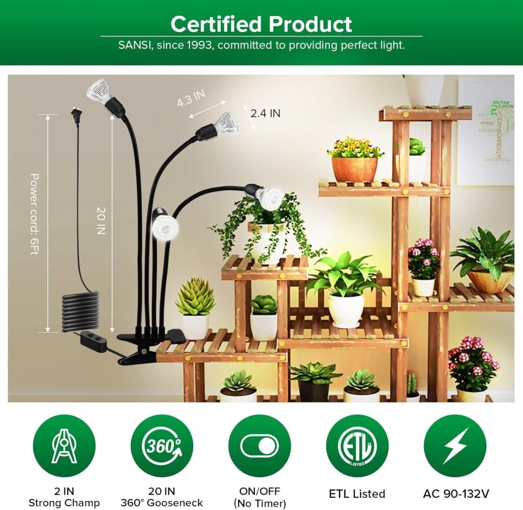 SANSI LED Grow Lights for Indoor Plants, 600W Full Spectrum Gooseneck clamp Grow Lamp, 40W Power Plant Light with High PPFD for Seeding, Lifetime Free Bulb Replacement Plant Lights for Indoor Plants