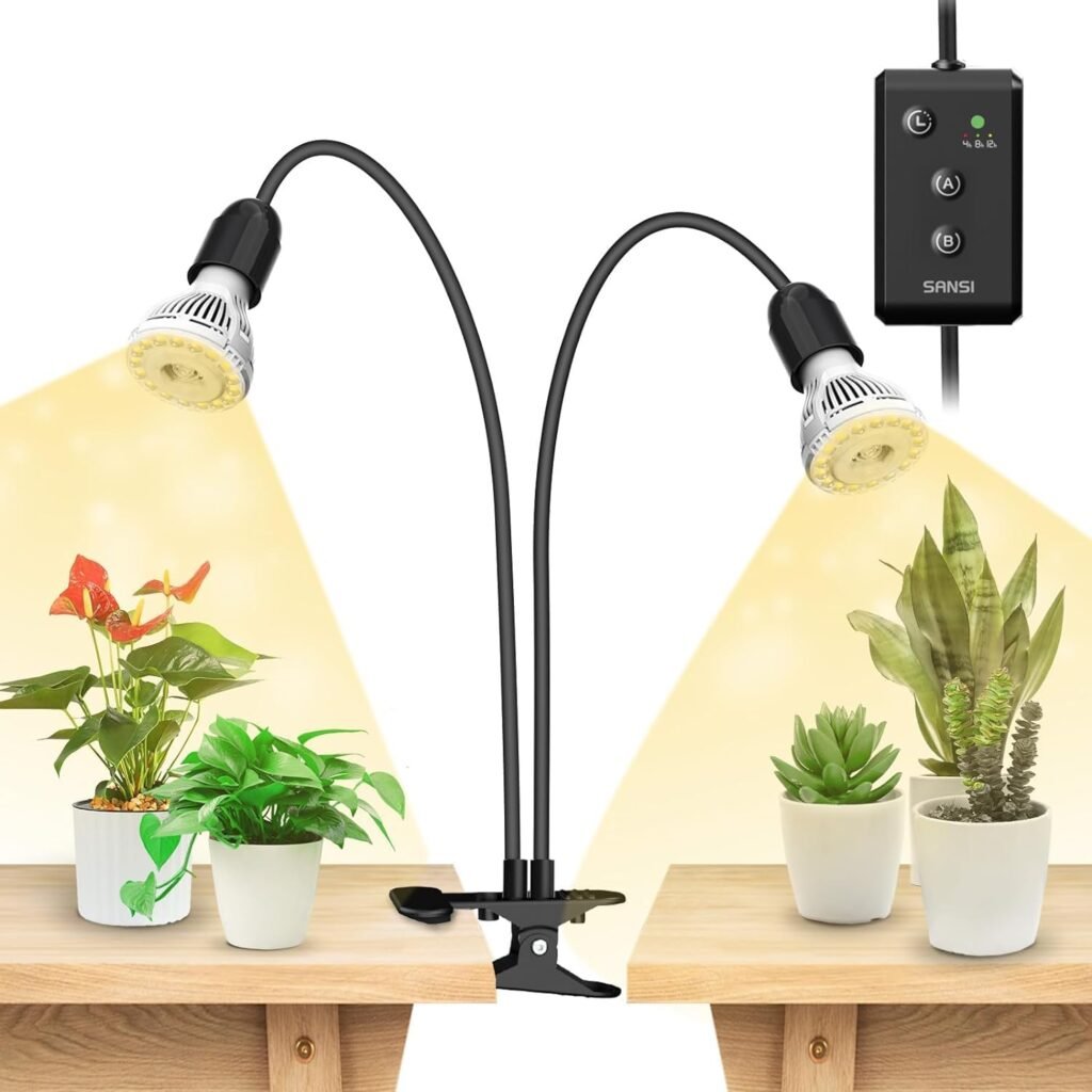 SANSI LED Grow Lights for Indoor Plants, Lifetime Free Bulb Replacement, 300W Full Spectrum Dual Gooseneck Clip Plant Grow Light, Plant Light with Timer 4/8/12 Hrs, High PPFD Growing Power Grow Lamp