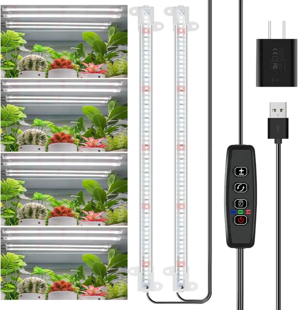 Wiaxulay LED Plant Grow Light Strips, 6000K Full Spectrum Grow Lights for Indoor Plants, Sunlike Growing Lamp with 6/12/16H Timer, 5 Dimmable Levels for Hydroponics Succulent, Plant Shelf, 2 Packs