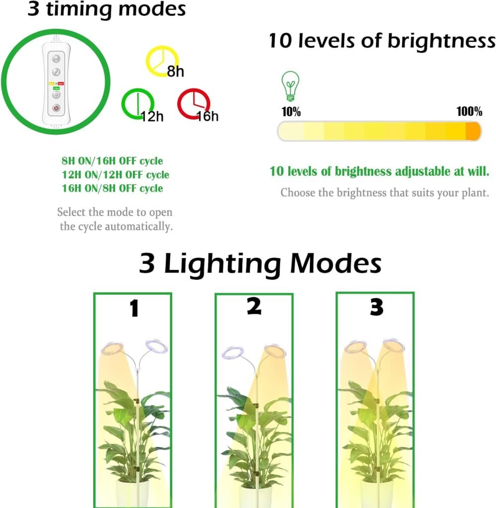 yadoker Grow Light with Stand, LED Plant Light for Indoor Plants, Full Spectrum Grow Lamp, 8/12/16H Timer, 10 Dimmable Levels, 7 Switch Modes, Adjustable Tripod Stand 15-66 inches