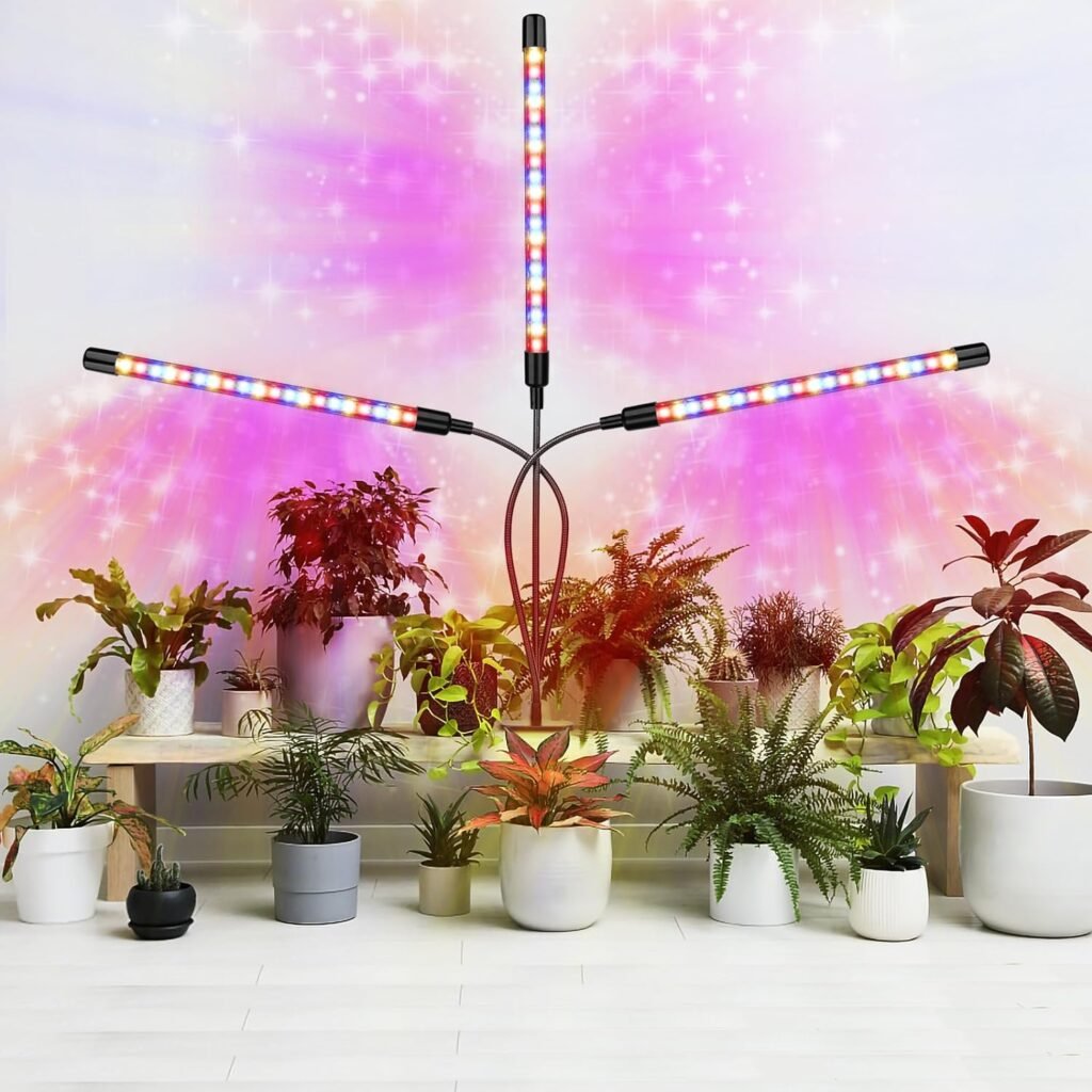 ZXMEAN LED Grow Light, 3 Heads Red Blue White Full Spectrum Plant Light with Clamp for Indoor Plants  Seed Starting, 10-Level Dimmable, Auto On Off, Timing 4 9 12Hrs